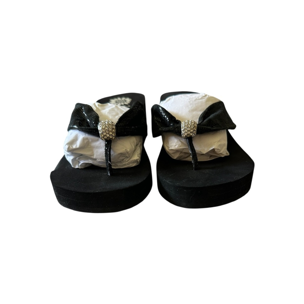 Women's Yellow Box Black Wedge Flip Flop Sandals Size 8 with Rhinestones - Picture 4 of 10